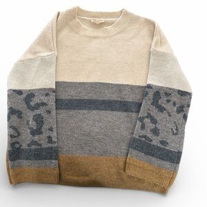 Mystree Colorblock Crewneck Sweater Size Large Leopard Print Sleeves Brown/Gray